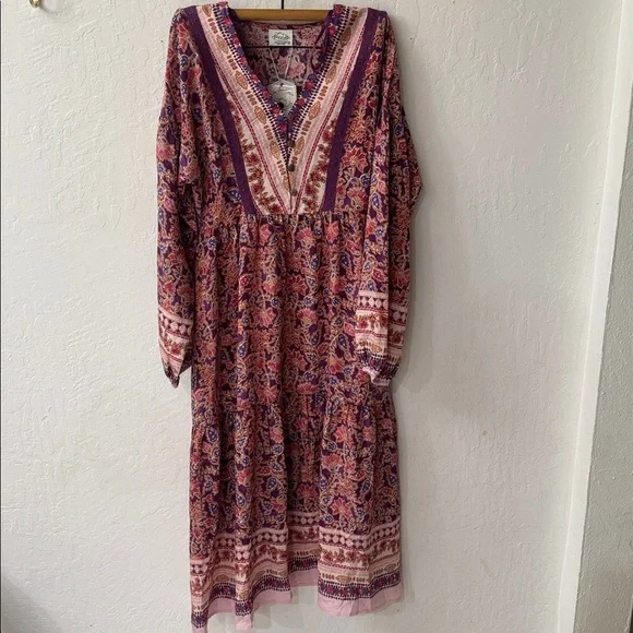 New In Boutique Mauve & Violet Boho Border Print Midi Dress Small NWT - Picture 2 of 6